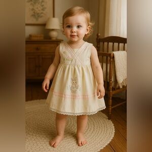 Vintage 1980s Toddler Bunny Embroidered Dress 24M Beige Peasant Cottagecore